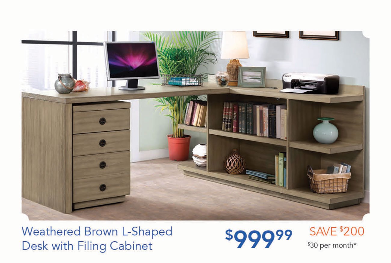  Weathered Brown L-Shaped $ 99 Desk with Filing Cabinet 999 
