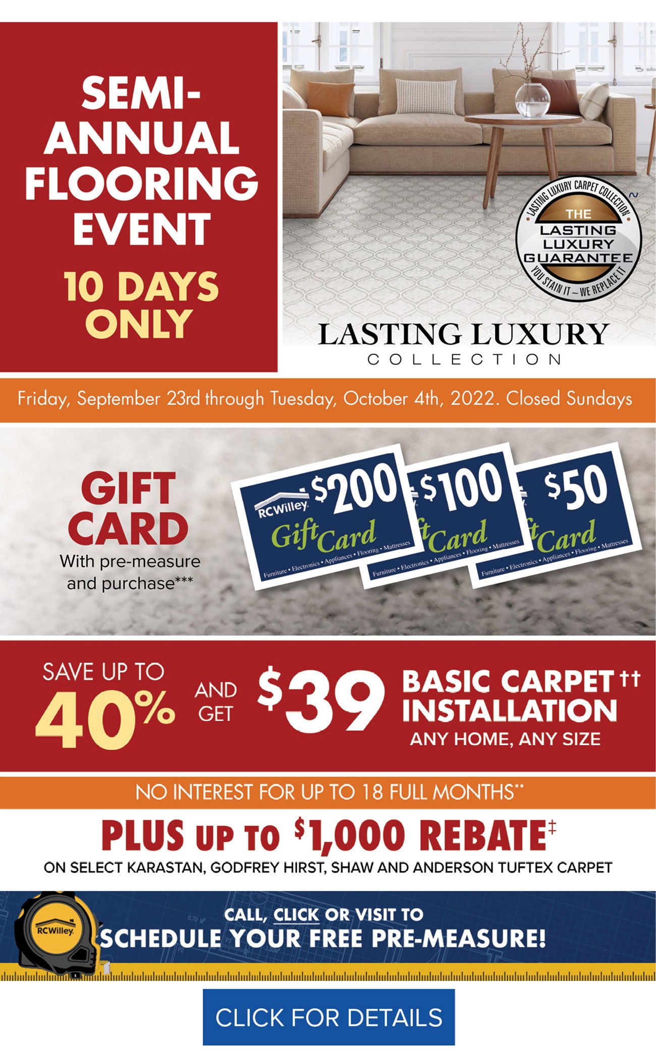 LASTING LUXURY COLLECTION e oy i o With pre-measure and purchase** ON SELECT KARASTAN, GODFREY HIRST, SHAW AND ANDERSON TUFTEX CARPET 4 CALL, CLICK OR VISIT TO SCHEDULE YOUR FREE PRE-MEASURE! ool e O o bona oo loonbnsl sl sl bbbt bbb bbbl bbbl CLICK FOR DETAILS 