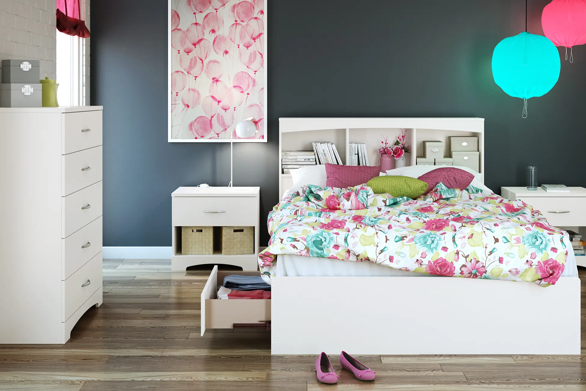10039 White Mates Full Size Bed with Bookcase Headboard - Step One-2
