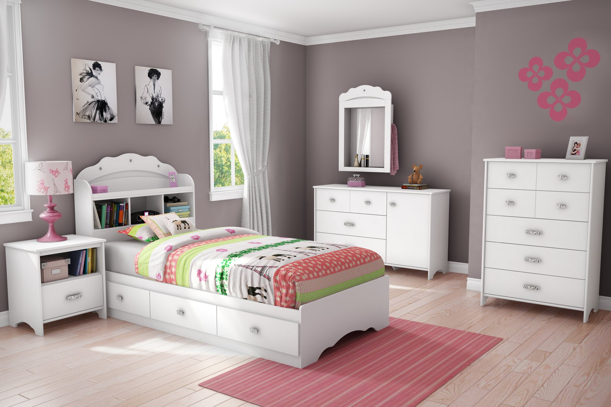 10050 White Twin Mates Bed with Bookcase Headboard - Tiara -2