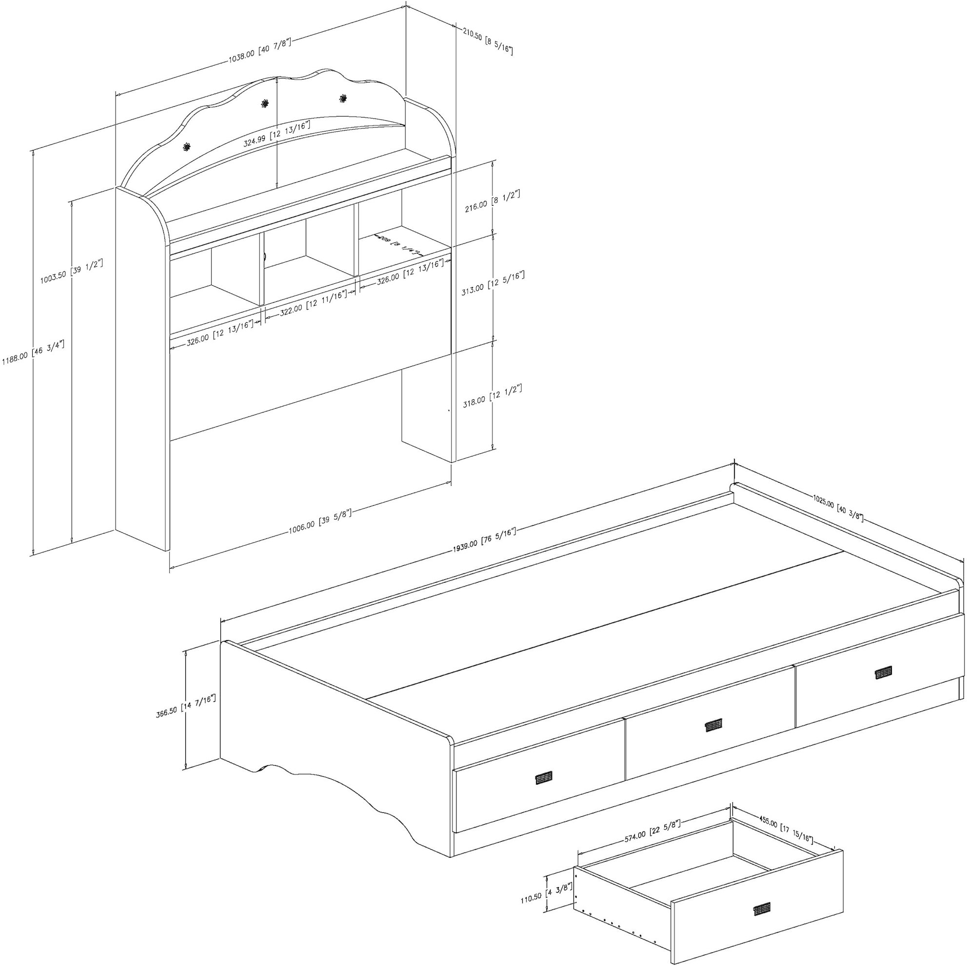 10050 White Twin Mates Bed with Bookcase Headboard - Tiara -4