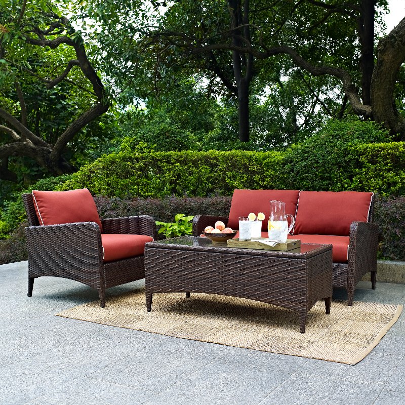 3 Piece Wicker Patio Furniture Set Loveseat Arm Chair And Table 3 Piece Wicker Patio Furniture Set Loveseat Arm Chair And Table In Sangria Kiawah Rc Willey