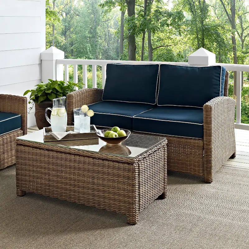 KO70025WB-NV Bradenton Navy and Wicker 2 pc Loveseat and Table Set