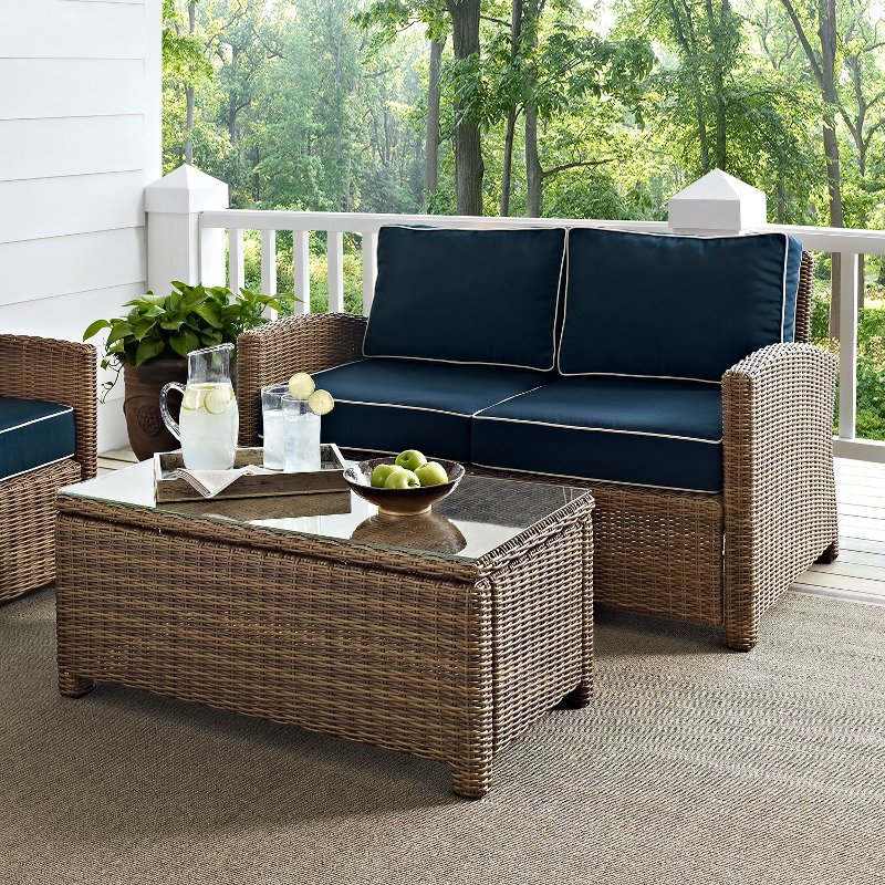 Navy And Brown Wicker Patio Furniture Loveseat And Table