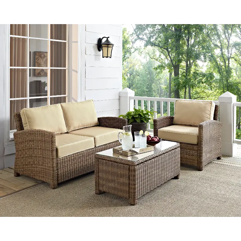 KO70027WB-SA Bradenton Sand and Wicker 3 pc Loveseat, Armchair, and Table