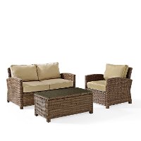 KO70027WB-SA Sand and Brown Wicker Patio Furniture Loveseat, Arm Chair, and Table - Bradenton