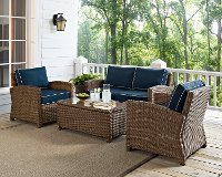 KO70024WB-NV Navy and Brown Wicker Patio Furniture Loveseat, Arm Chairs, and Table - Bradenton