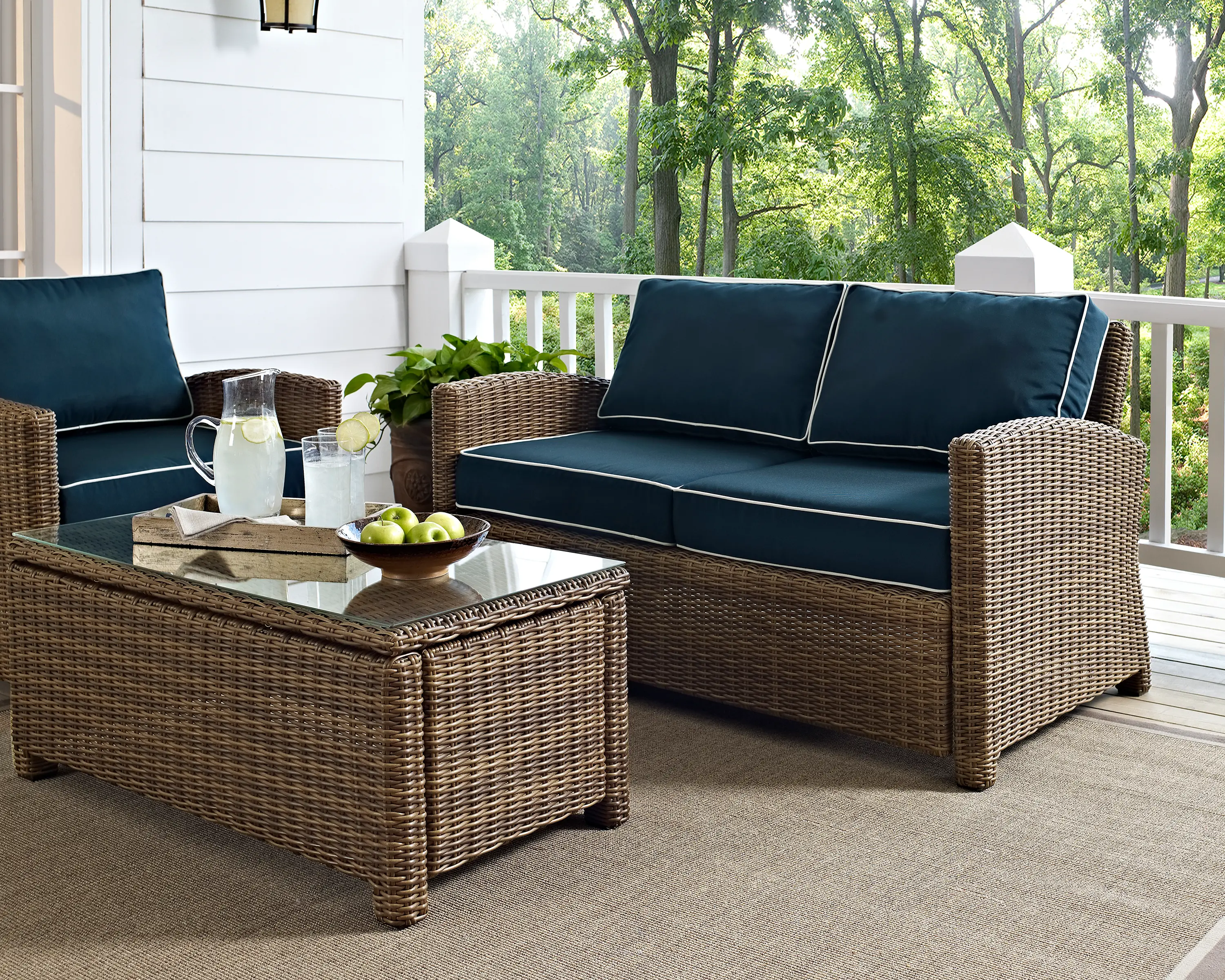 KO70022WB-NV Bradenton Navy and Brown Wicker Patio Furniture Loveseat-2