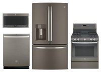 KIT GE 4 Piece Gas Kitchen Appliance Package with 27.8 cu. ft. French Door Refrigerator - Slate