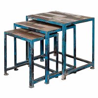 Distressed Blue Iron and Reclaimed Wood Nesting Tables-Set of 3