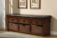 Hallway Bench with Espresso Faux Leather Cushion and 3 Baskets