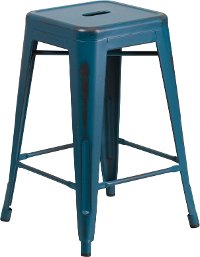 Backless Distressed Blue Square Seat 24 Inch Counter Stool