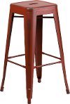 Backless Distressed Red Square Seat 30 Inch Bartool