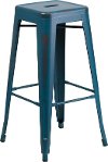 Backless Distressed Blue Square Seat 30 Inch Bartool