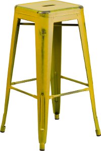 Backless Distressed Yellow Square Seat 30 Inch Bartool