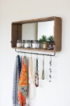 Rectangular Wooden Mirror with Hooks