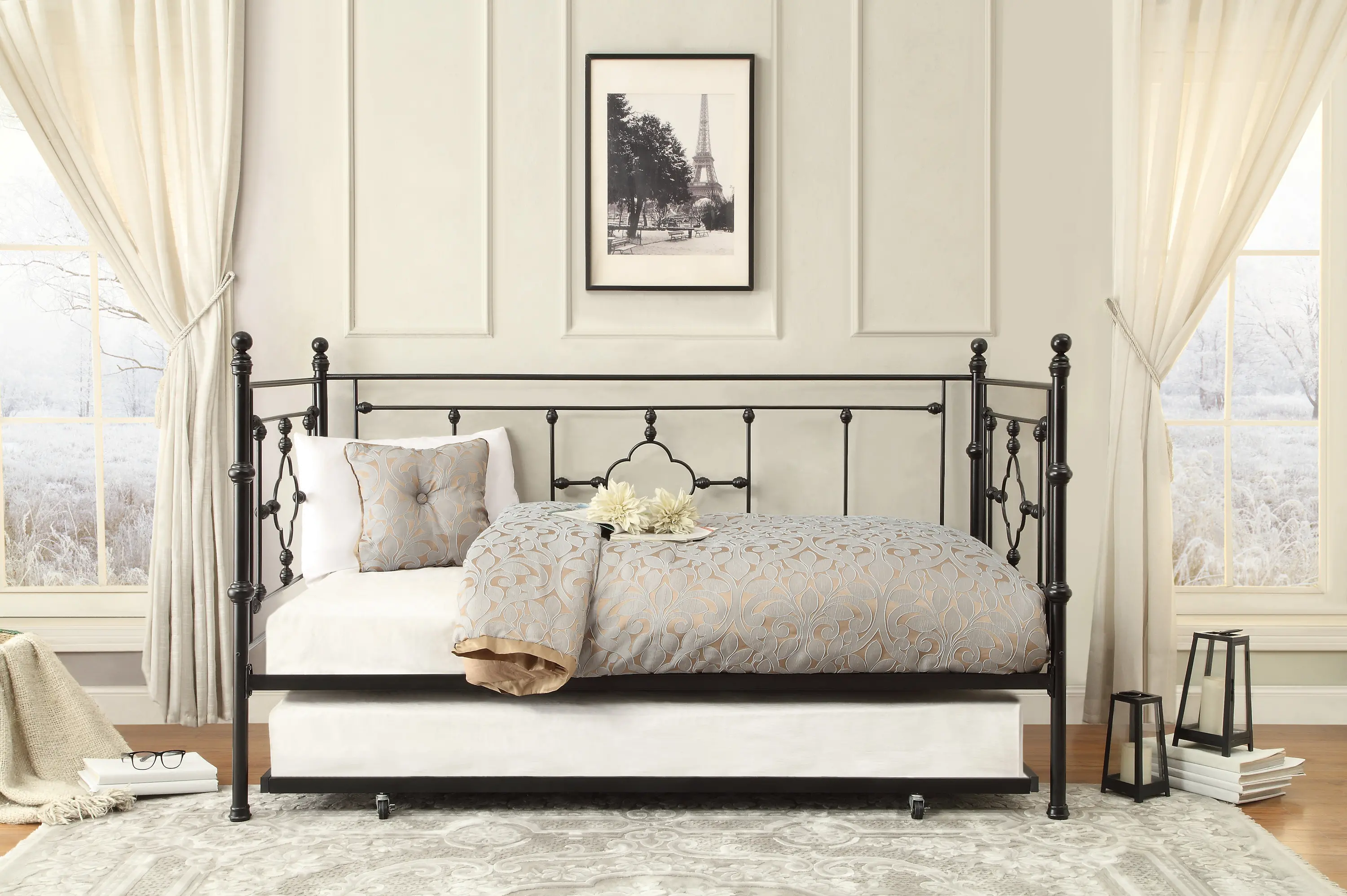 Black Classic Contemporary Metal Daybed with Trundle - Alexis-1