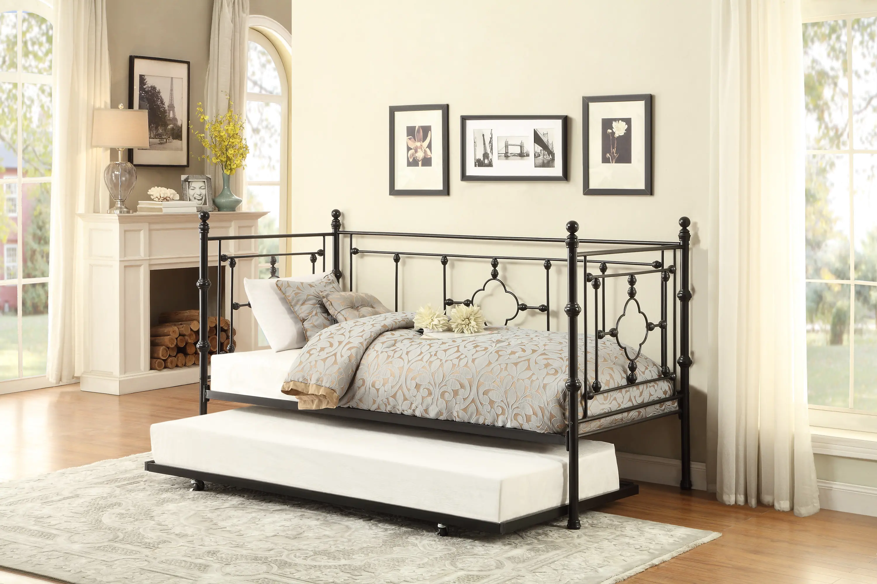 Black Classic Contemporary Metal Daybed with Trundle - Alexis-2
