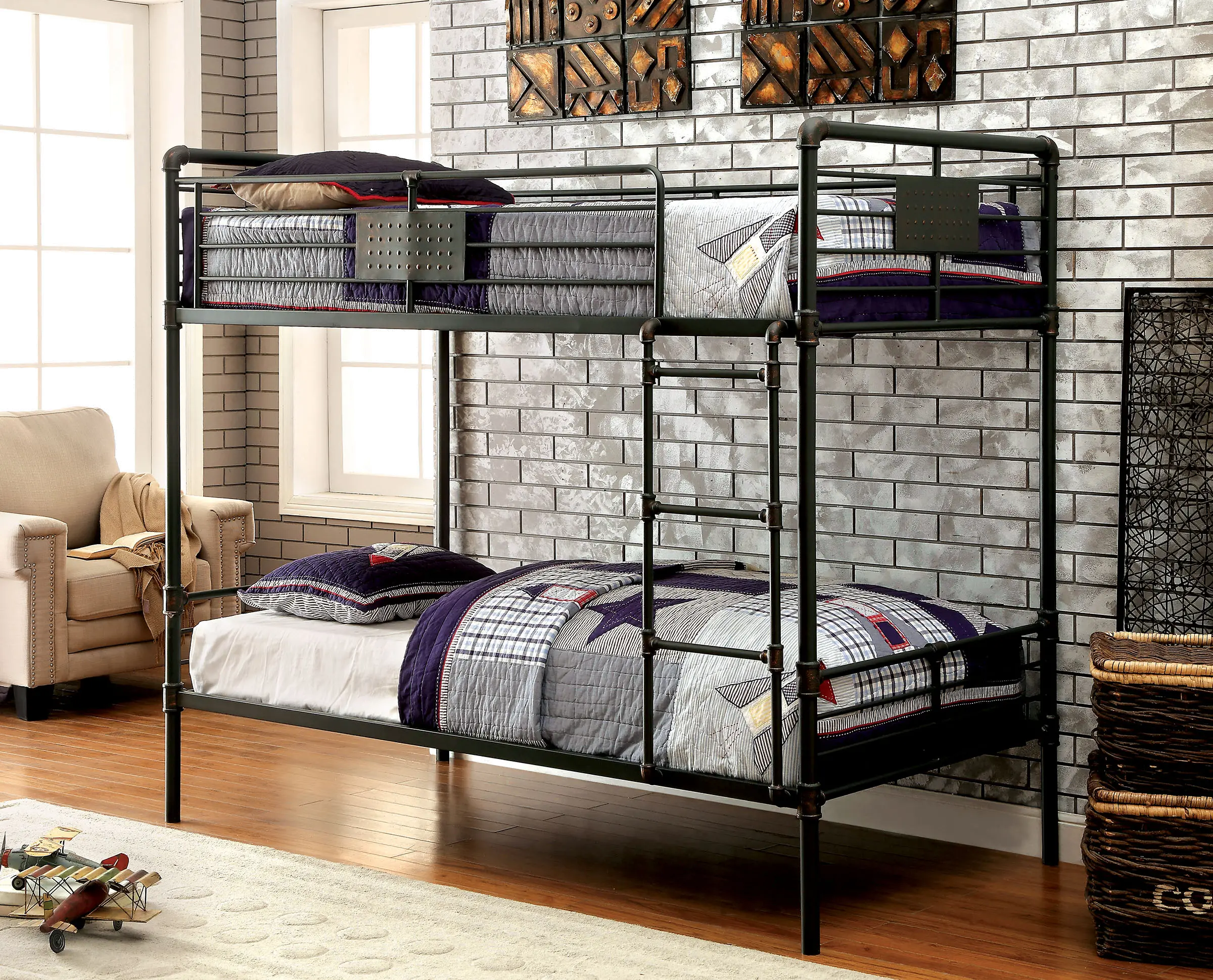 Alexander Industrial Black Metal Twin-over-Twin Bunk Bed-1
