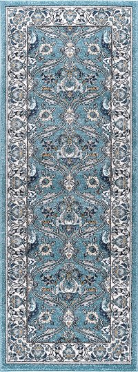 KNS1019 3x8 Aqua, Gray, and Navy 7 Foot Runner Rug - Kensington