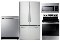KIT Samsung 4 Piece Electric Kitchen Appliance Package with French Door Refrigerator - Stainless Steel