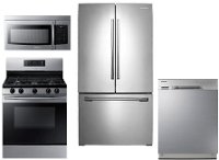 KIT Samsung 4 Piece Gas Kitchen Appliance Package with French Door Refrigerator - Stainless Steel