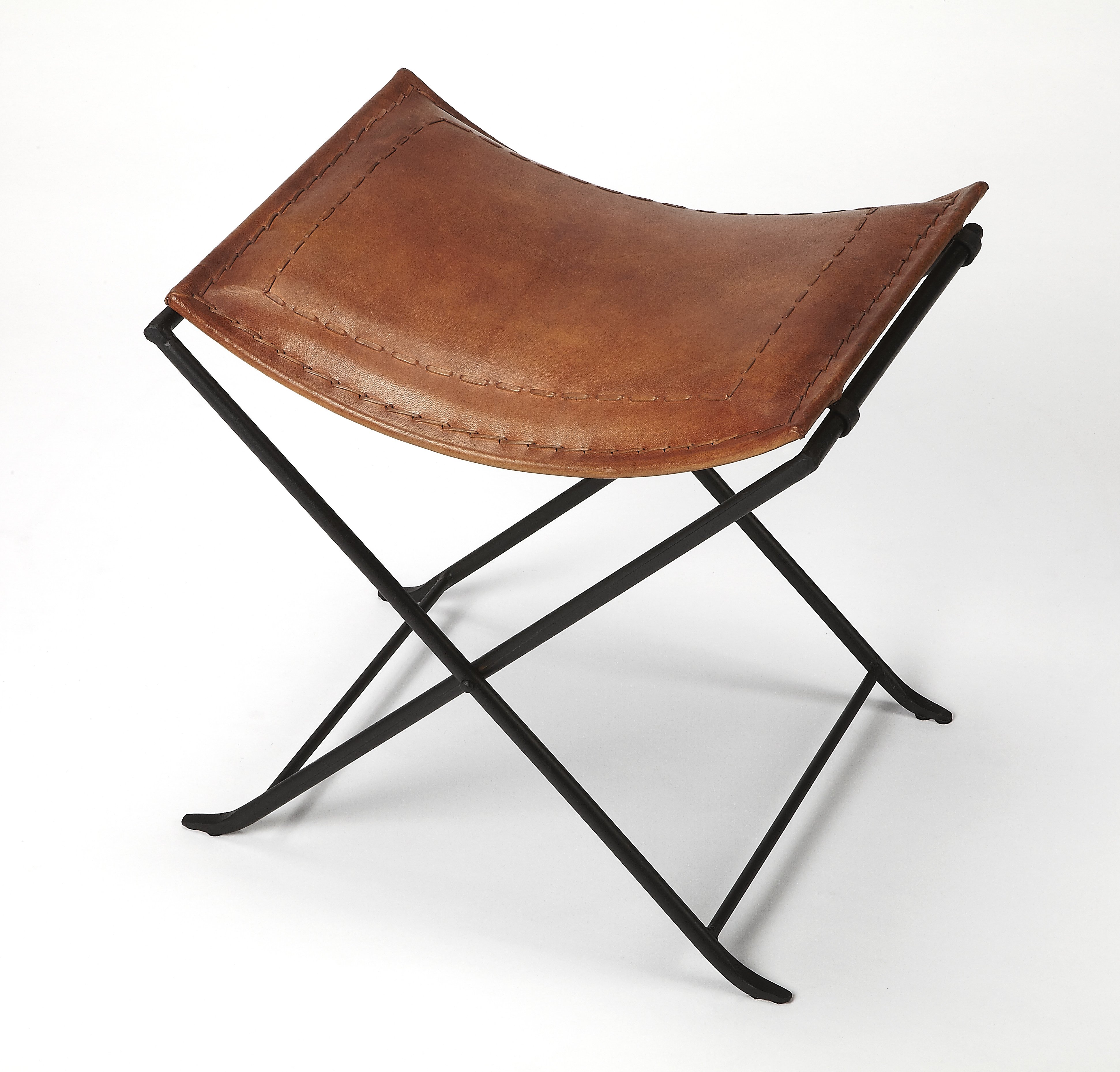 Brown Leather Stool with Iron Base-1