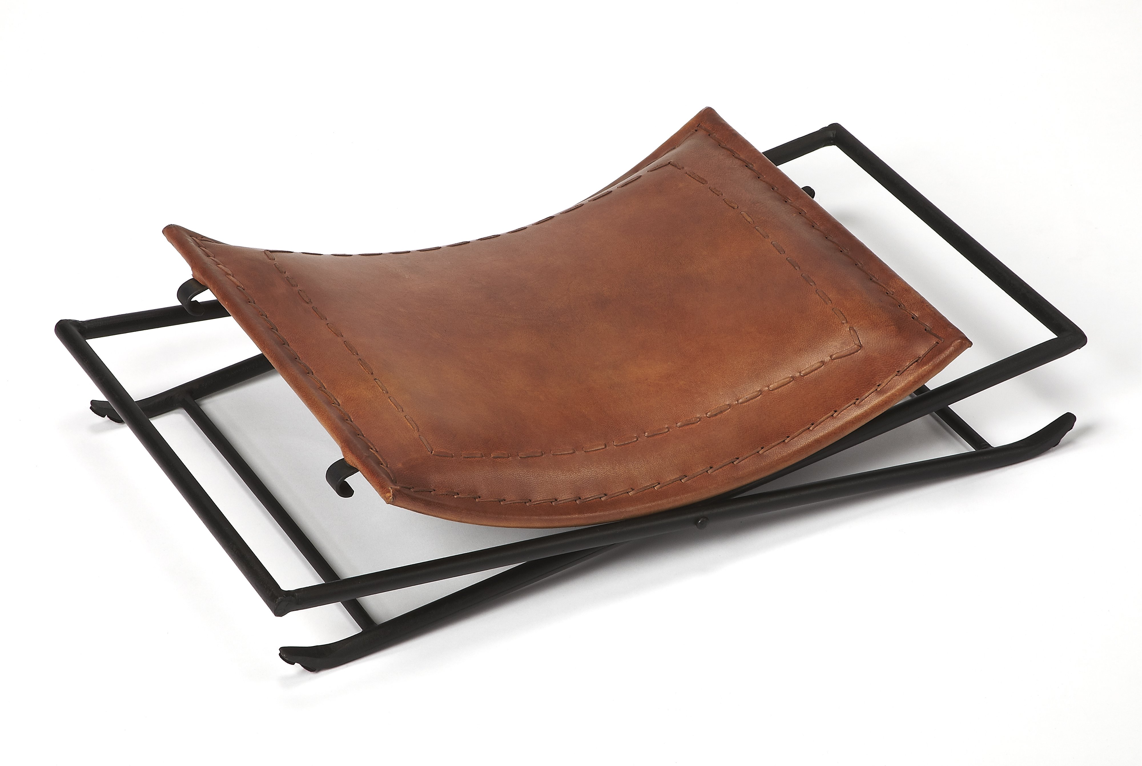 Brown Leather Stool with Iron Base-2