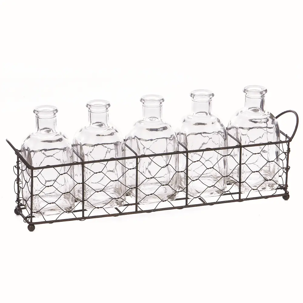 Metal Rectangle Basket with 5 Glass Bottles-1