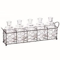 Metal Rectangle Basket with 5 Glass Bottles