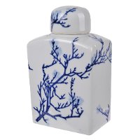 Blue and White Square Floral Lidded Jar