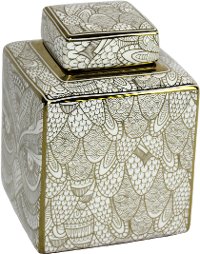 8 Inch White and Gold Ceramic Lidded Jar