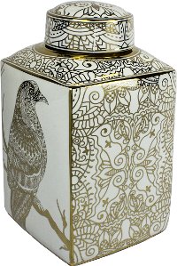 16 Inch White and Gold Mosaic Hawk Lidded Jar