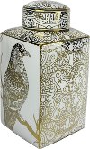 18 Inch White and Gold Mosaic Hawk Lidded Jar