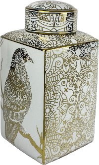 18 Inch White and Gold Mosaic Hawk Lidded Jar