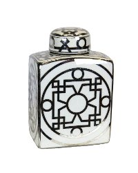 6 Inch White and Silver Lidded Jar