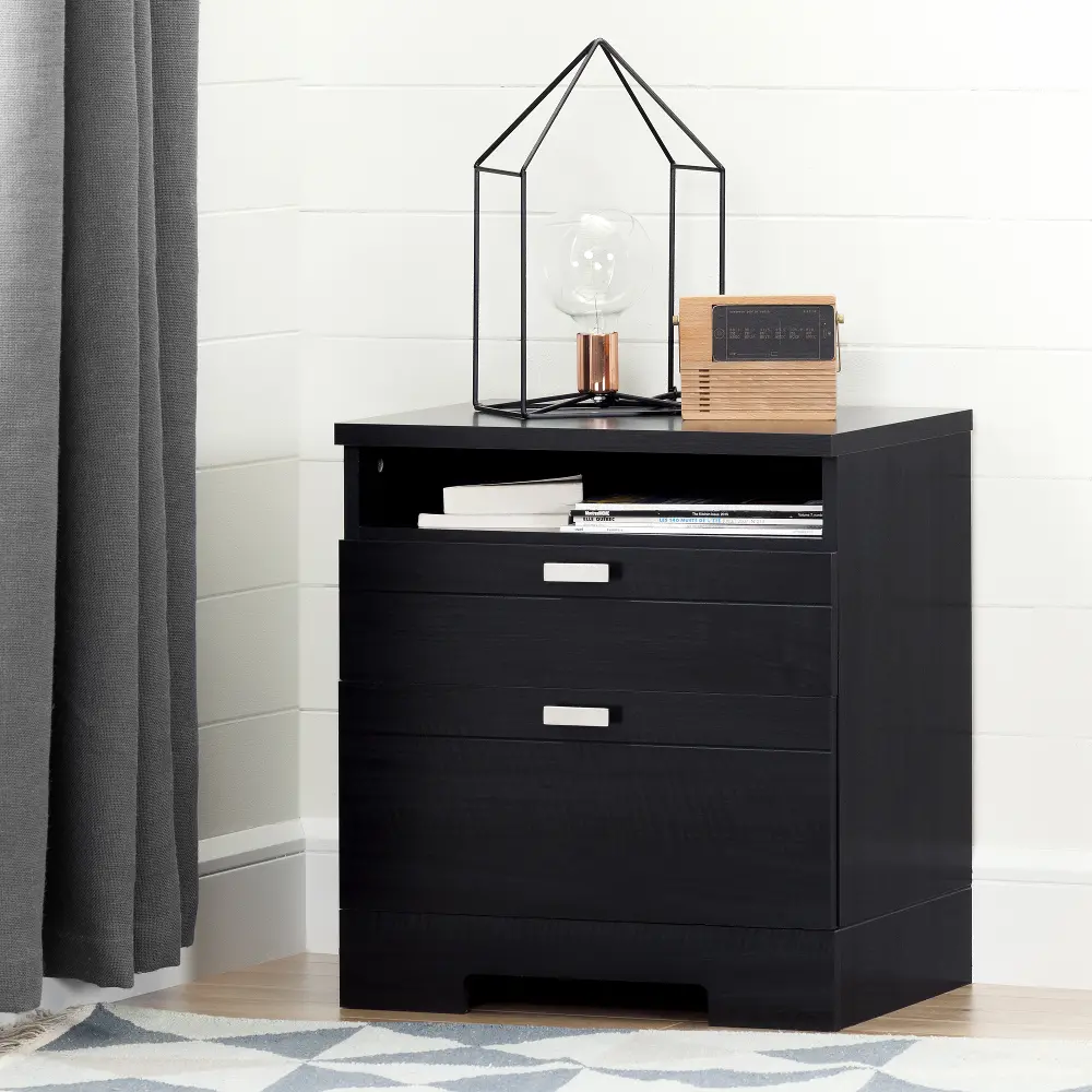 10260 Reevo Black Nightstand with Drawers and Cord Catcher - South Shore-1