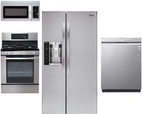 KIT LG 4 Piece Gas Kitchen Appliance Package with Side by Side Refrigerator - Stainless Steel