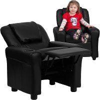Black Leather Kids Recliner with Cup Holder-2