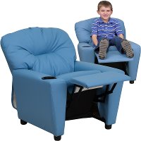 Light Blue Vinyl Kids Recliner with Cup Holder