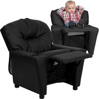 Black Leather Kids Recliner with Cup Holder
