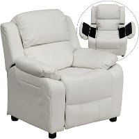 White Vinyl Kids Recliner with Storage Arms