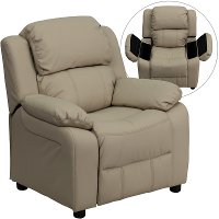 Beige Vinyl Kids Recliner with Storage Arms