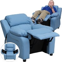 Light Blue Vinyl Kids Recliner with Storage Arms