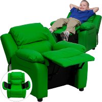 Green Vinyl Kids Recliner with Storage Arms