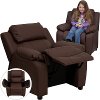 Brown Leather Kids Recliner with Storage Arms