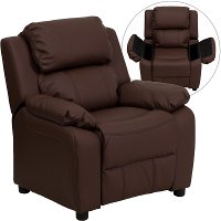 Brown Leather Kids Recliner with Storage Arms-5