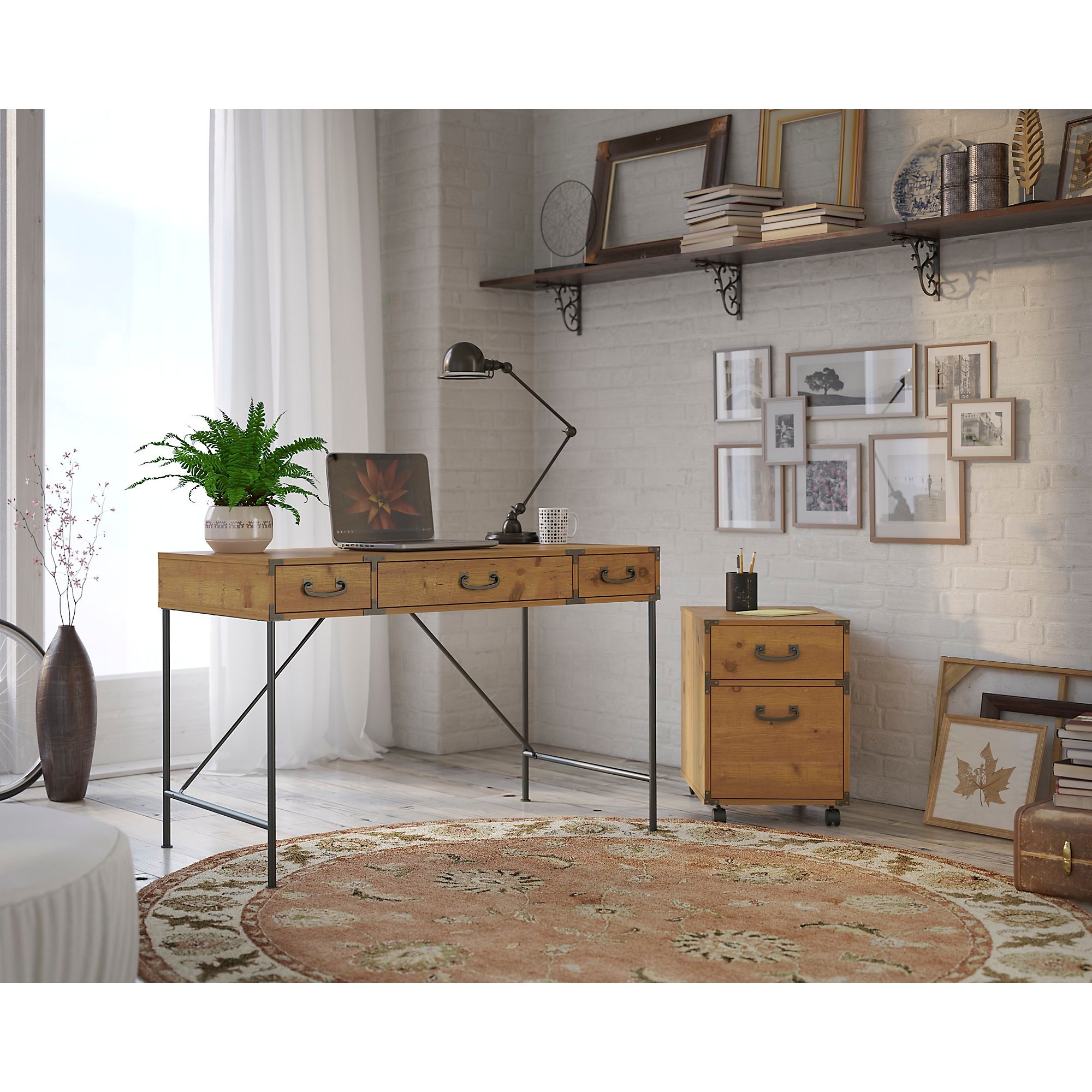 Industrial 48 Inch Writing Desk with Mobile Cabinet - Ironworks-2