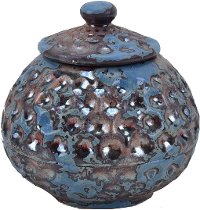 4 Inch Blue and Bronze Lidded Ceramic Jar