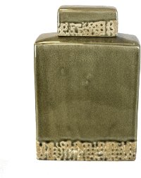 16 Inch Green Decorative Banded Lidded Ceramic Jar